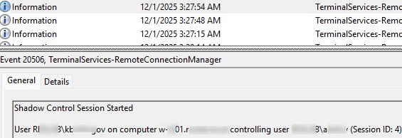 Microsoft-Windows-TerminalServices-RemoteConnectionManager shadow logs in the Event Viewer