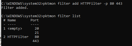 pktmon add TCP port filters