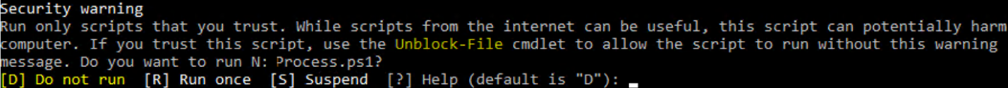 powershell security warning Run only scripts that you trust. While scripts from the internet can be useful, this script can potentially harm your computer. If you trust this script, use the Unblock-File cmdlet to allow the script to run without this warning message 