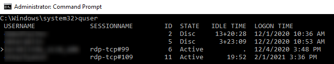 quser command - list all rds session with logon time, idle and state