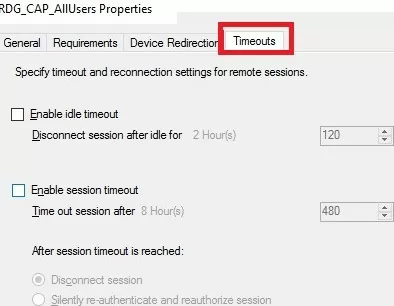 remote desktop gateway: session timeout settings