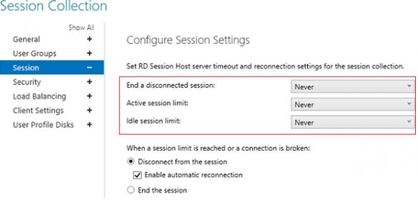 RDS server timeouts in session collection properties on RD session host