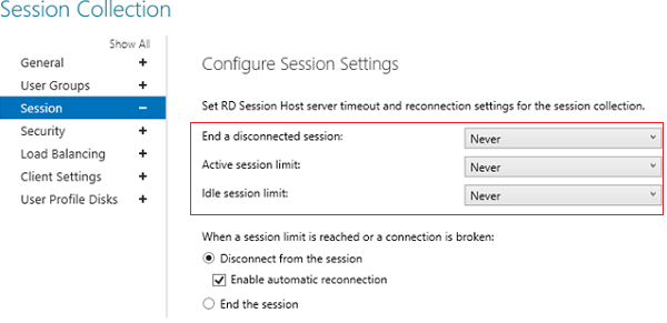 RDS Server Timeout in Session Collection Properties on RD Session Host 