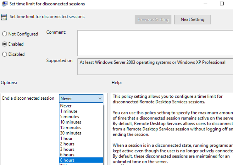 "Set time limit for disconnected session" --group policy parameter to restrict rdp session time