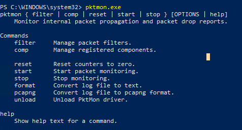 syntax of Packet Monitor tool (pktmon.exe) on windows 10