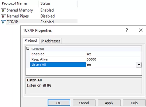 tcp/ip properties of the sql server named instance
