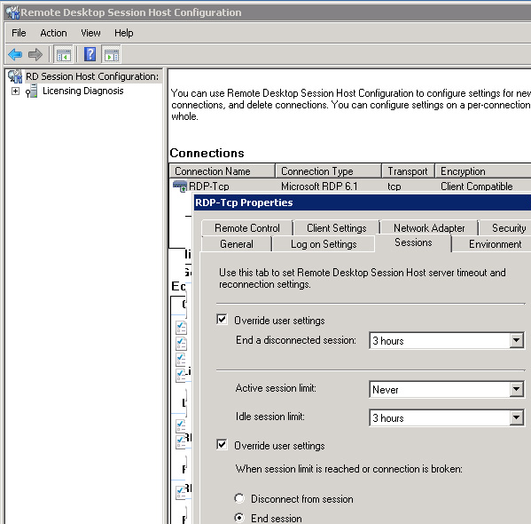 tsconfig.msc session limits on windows server 2008 r2