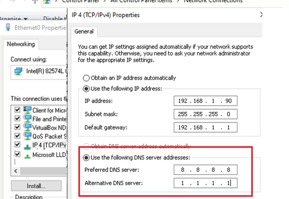 change primary and alternative DNS server on windows to DNS over HTTPS IPs