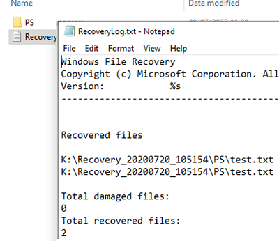 check recovery log of windows file recovery