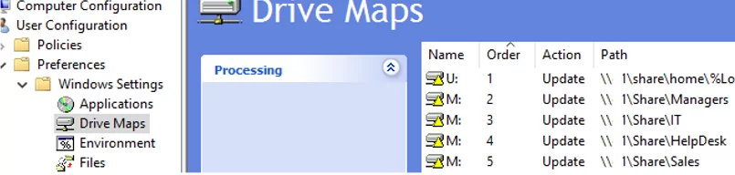 create multiple rules to map different drives (network folders) in a single group policy