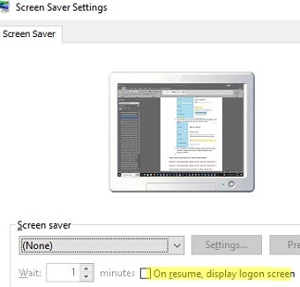 disable logon screen after screen saver