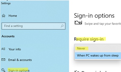 disable sign-in screen after sleep
