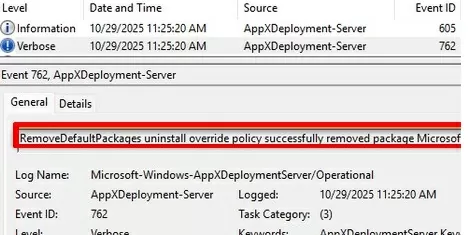 eventid 762: RemoveDefaultPackages uninstall override policy successfully removed package Name
