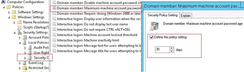 group policy parameter - Domain member: Maximum machine account password age 