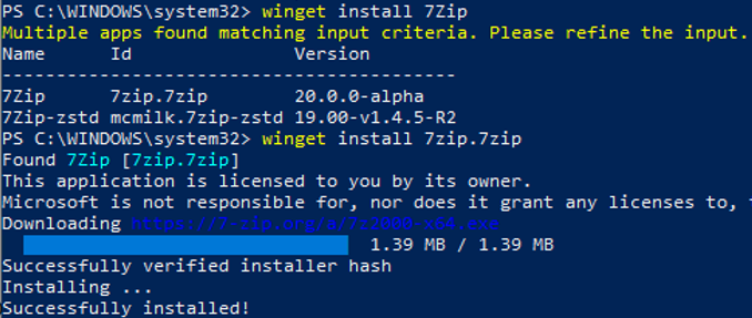 install 7zip from windows command uing winget