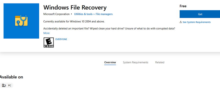 installing windows file recovery tool from microsoft store on windows 10 