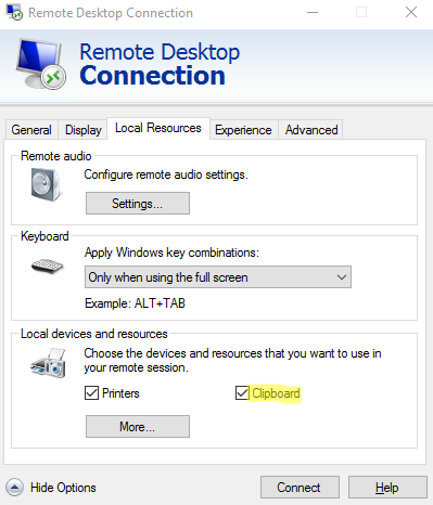 mstsc.exe allows clipboard access for copy and paste in remote desktop session