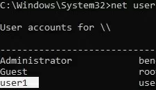 net user: list local accounts