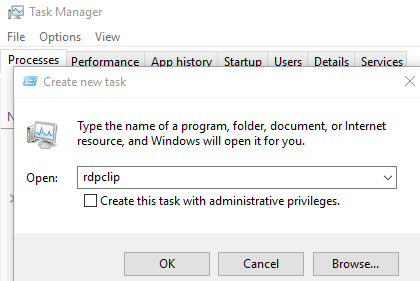 re-run the rdpclip.exe process on windows 