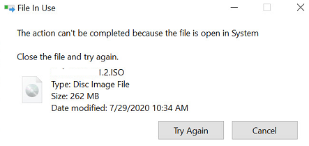 The action can’t be completed because the file is open in SYSTEM