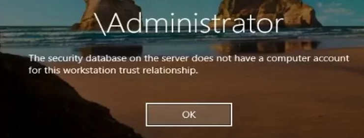 The security database on the server does not have a computer account for this workstation trust relationship.