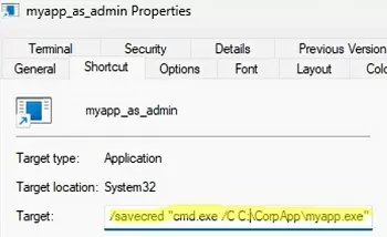 windows 11: edit shortcut to run program as administrator with saved password