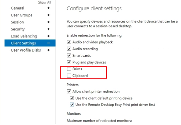 windows server rds - disable clipboard redirection in archive settings