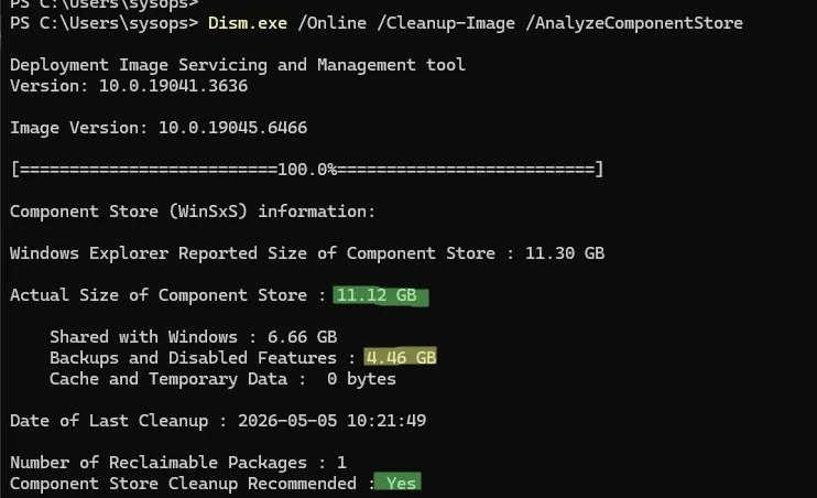 Dism.exe /Online /Cleanup-Image /AnalyzeComponentStore - reporting winsxs folder real size