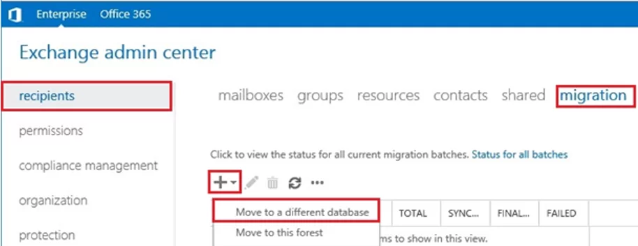 exchange admin center - move mailbox to a different database