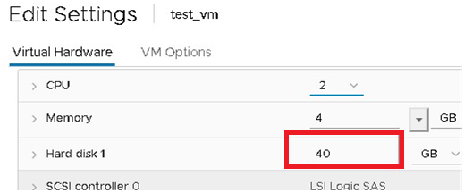 new size of the virtual disk is now displayed in the vmware VM properties