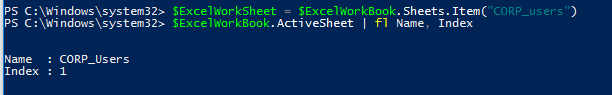 select active worksheet in excel with powershell