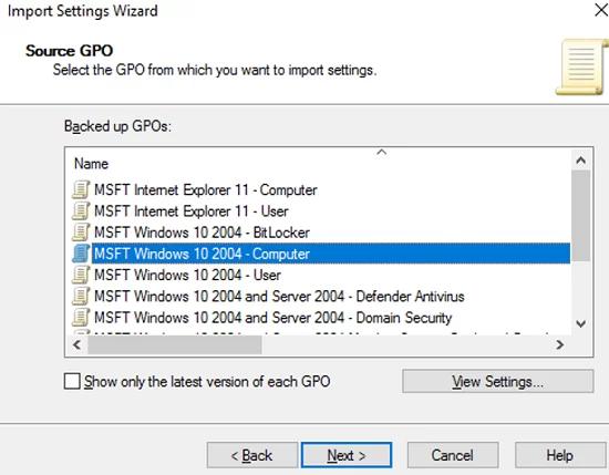 select the reference Security Baseline GPO to import into Active Directory