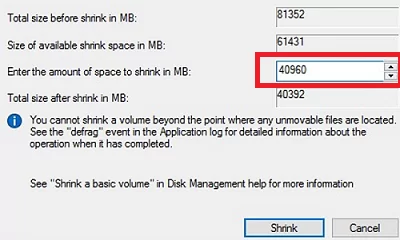 specify the amount of space to shrink in MB