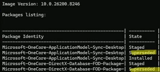 List superseded packages in windows image