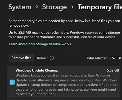 Windows update cleanup in storage sense