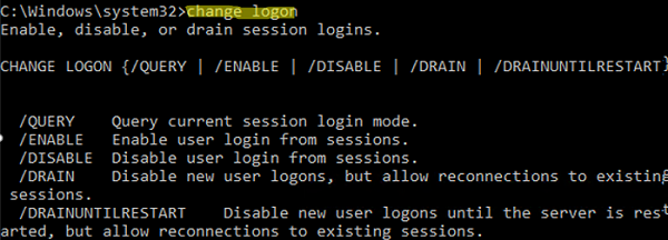change logon command on windows server 2016 rds host