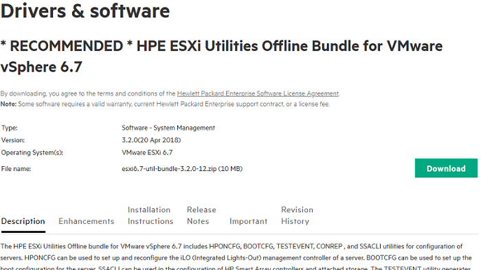 Download and istall HPE ESXi Utilities Offline Bundle for VMWare vSphere