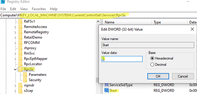 enable rpc services in registry 