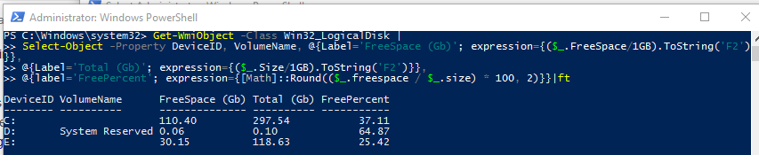 Get disk free space with PowerShell