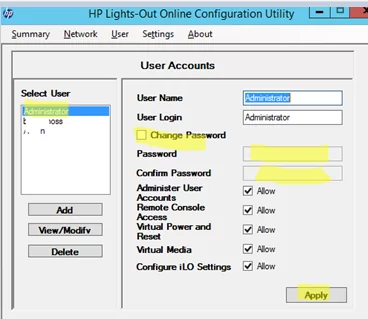 Lights-Out Online Configuration Utility - change admin password