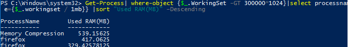 powershell: find top running processes by highest memory usage
