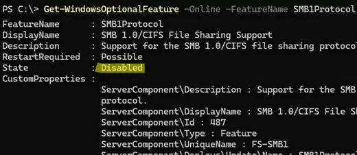 SMB1Protocol disabled by default in Windows