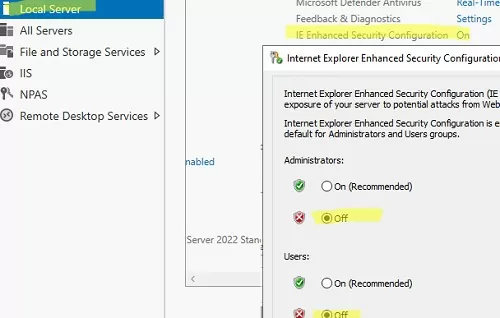 Disable IE enhanced security in server manager