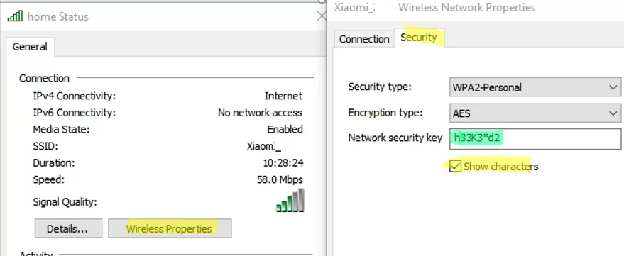 show wi-fi network security key on windows 10