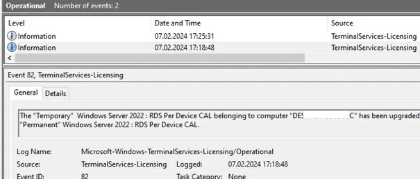 RDS-CALs assigned to client in event viewer log