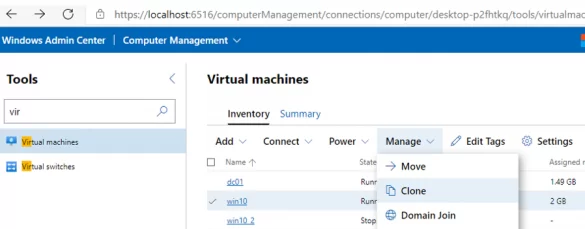 cloning hyper-v virtual machine in Windows Admin Center v2009