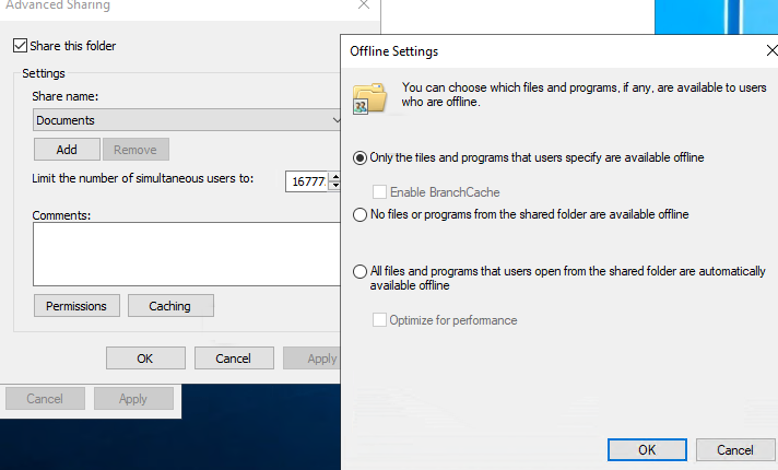 windows 10 - allow or disable files to be available offline