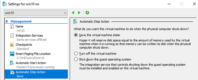 Automatic Stop Action for Hyper-V VM