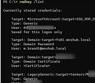cmdkey list stored credentials on Windows